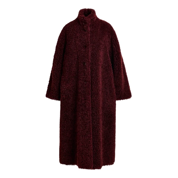 Essentiel Antwerp Burgundy oversized faux shearling coat with stand-up collar - Essentiel Antwerp Coats - Colorful Belgian Design - Shop at Luxury Shoes 