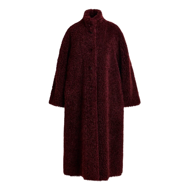 Essentiel Antwerp Burgundy oversized faux shearling coat with stand-up collar - Essentiel Antwerp Coats - Colorful Belgian Design - Shop at Luxury Shoes 