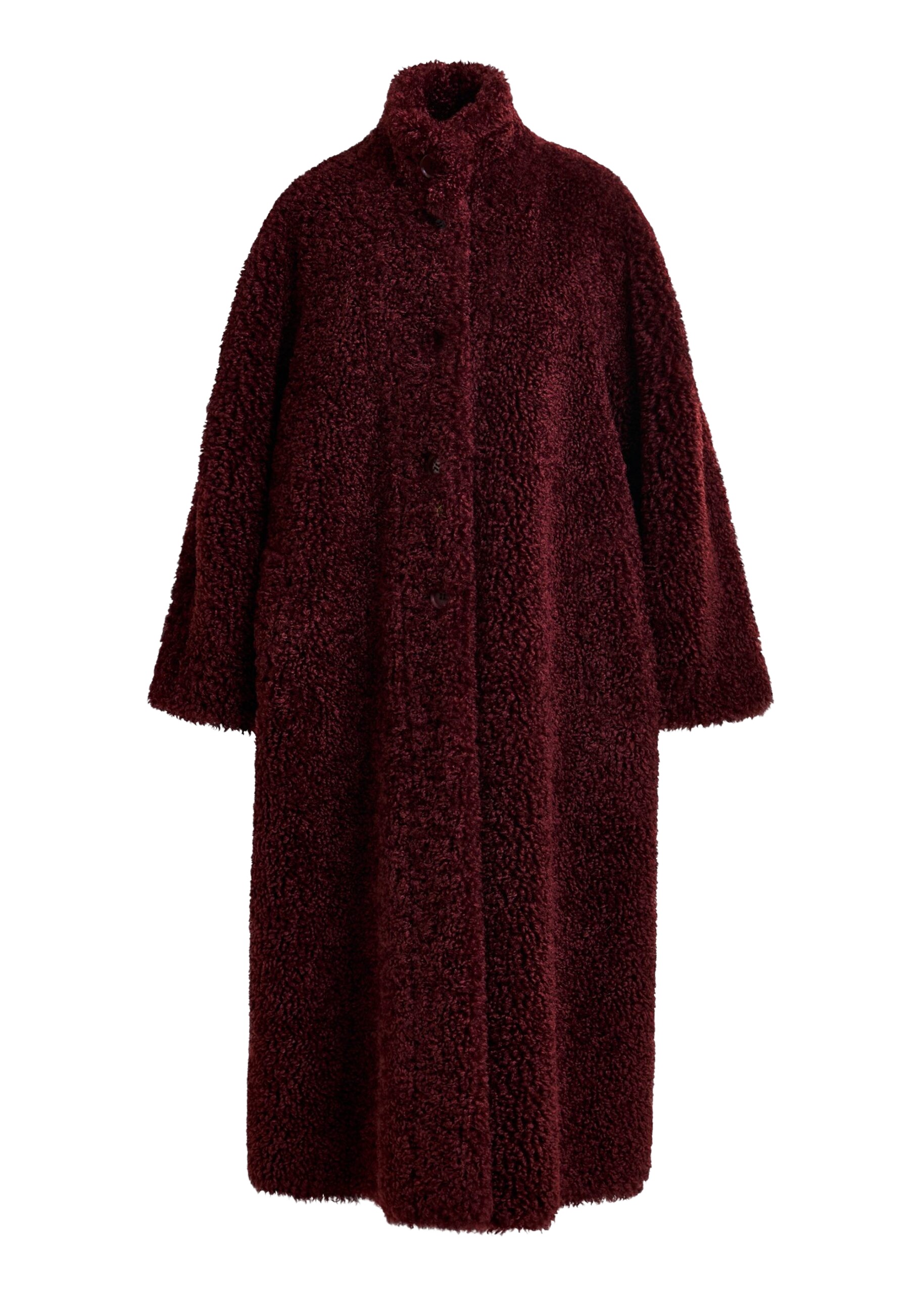Essentiel Antwerp Burgundy oversized faux shearling coat with stand-up collar