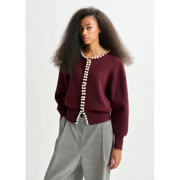 Essentiel Antwerp Burgundy pearl-embellished cardigan - Essentiel Antwerp Knitwear - Colorful Belgian Design - Shop at Luxury Shoes 