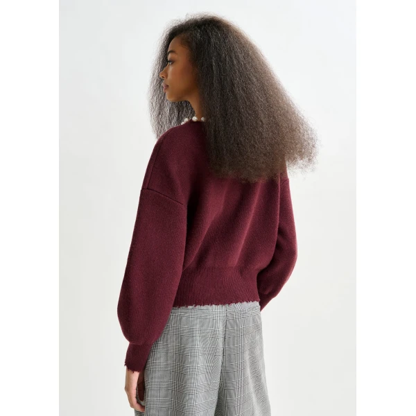 Essentiel Antwerp Burgundy pearl-embellished cardigan - Essentiel Antwerp Knitwear - Colorful Belgian Design - Shop at Luxury Shoes 