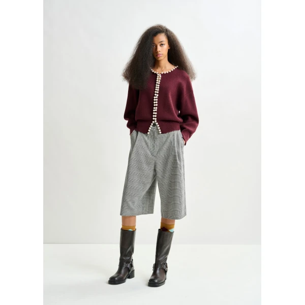 Essentiel Antwerp Burgundy pearl-embellished cardigan - Essentiel Antwerp Knitwear - Colorful Belgian Design - Shop at Luxury Shoes 