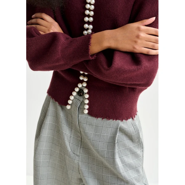 Essentiel Antwerp Burgundy pearl-embellished cardigan - Essentiel Antwerp Knitwear - Colorful Belgian Design - Shop at Luxury Shoes 