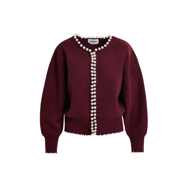 Essentiel Antwerp Burgundy pearl-embellished cardigan - Essentiel Antwerp Knitwear - Colorful Belgian Design - Shop at Luxury Shoes 