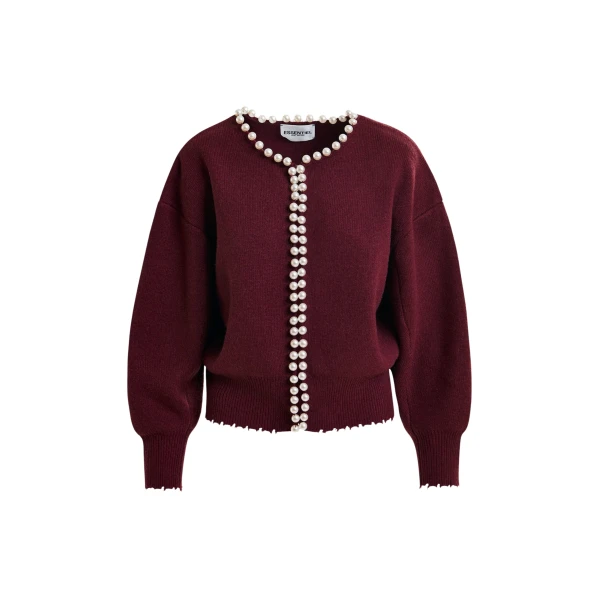 Essentiel Antwerp Burgundy pearl-embellished cardigan - Essentiel Antwerp Knitwear - Colorful Belgian Design - Shop at Luxury Shoes 
