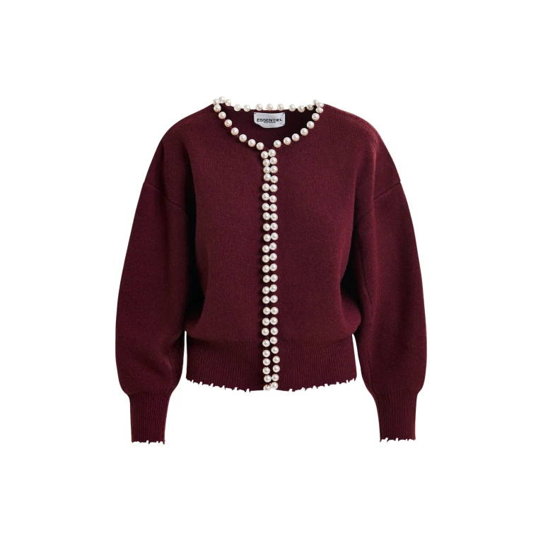 Essentiel Antwerp Burgundy pearl-embellished cardigan - Essentiel Antwerp Knitwear - Colorful Belgian Design - Shop at Luxury Shoes 