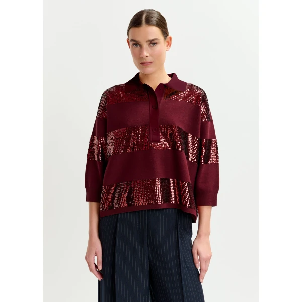 Essentiel Antwerp Burgundy striped sequin-embellished polo - Essentiel Antwerp Tops - Colorful Belgian Design - Shop at Luxury Shoes 