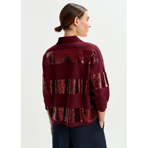 Essentiel Antwerp Burgundy striped sequin-embellished polo - Essentiel Antwerp Tops - Colorful Belgian Design - Shop at Luxury Shoes 