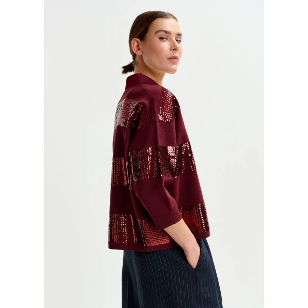 Essentiel Antwerp Burgundy striped sequin-embellished polo - Essentiel Antwerp Tops - Colorful Belgian Design - Shop at Luxury Shoes 