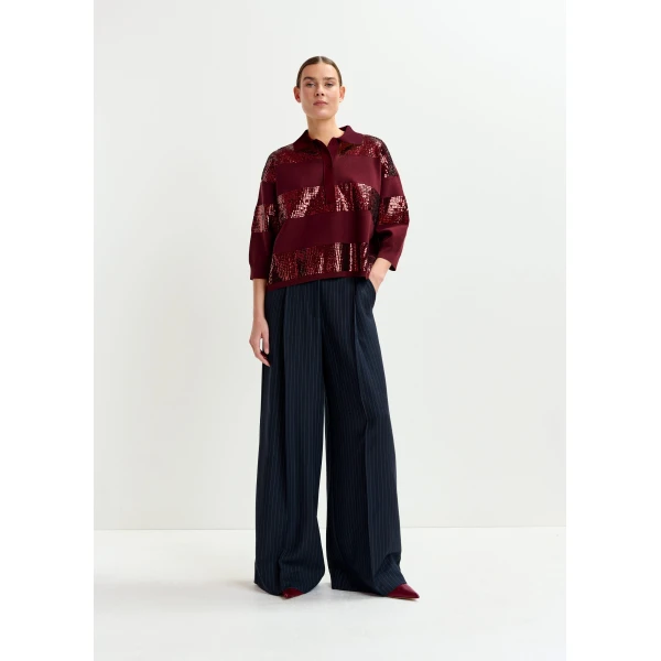 Essentiel Antwerp Burgundy striped sequin-embellished polo - Essentiel Antwerp Tops - Colorful Belgian Design - Shop at Luxury Shoes 
