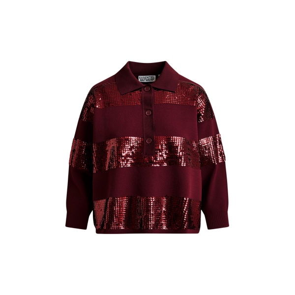Essentiel Antwerp Burgundy striped sequin-embellished polo - Essentiel Antwerp Tops - Colorful Belgian Design - Shop at Luxury Shoes 