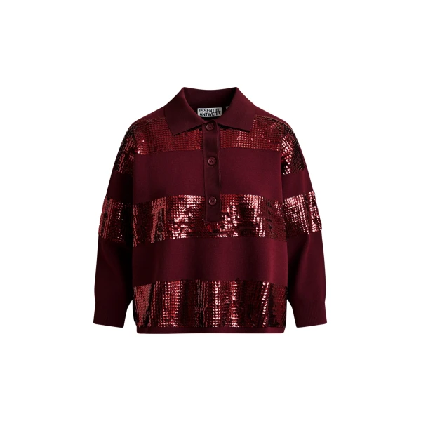 Essentiel Antwerp Burgundy striped sequin-embellished polo - Essentiel Antwerp Tops - Colorful Belgian Design - Shop at Luxury Shoes 