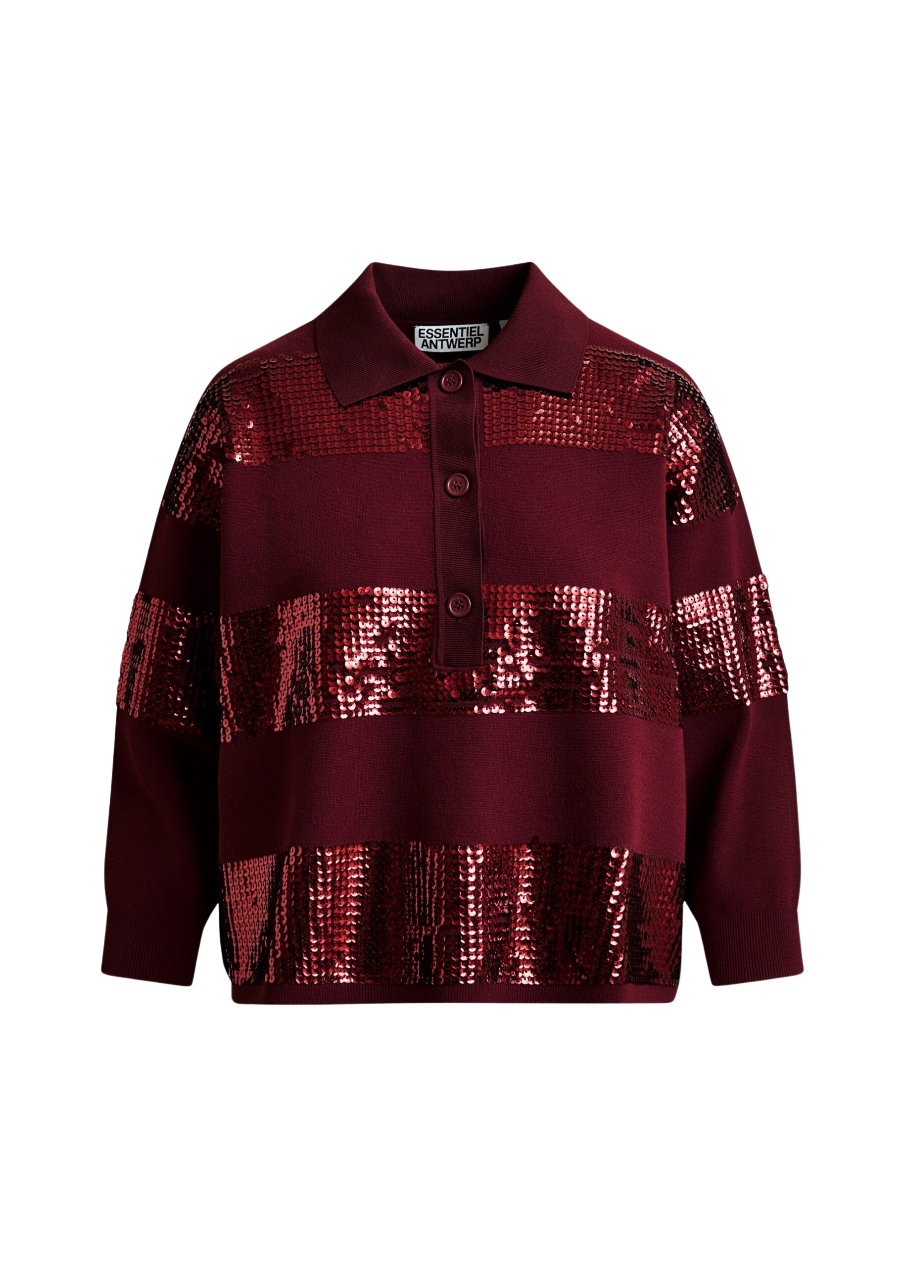 Essentiel Antwerp Burgundy striped sequin-embellished polo Top