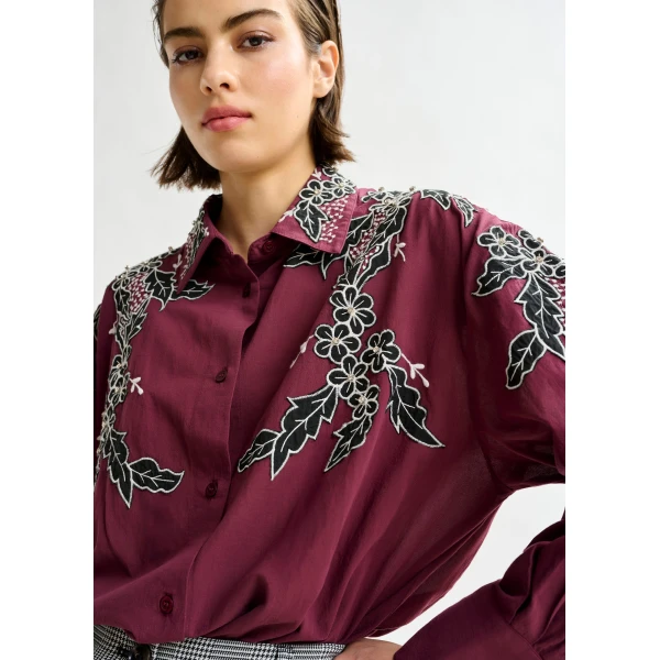 white and black embroidered cotton shirt with rhinestone embellishements - Essentiel Antwerp Shirts - Colorful Belgian Design - Shop at Luxury Shoes 