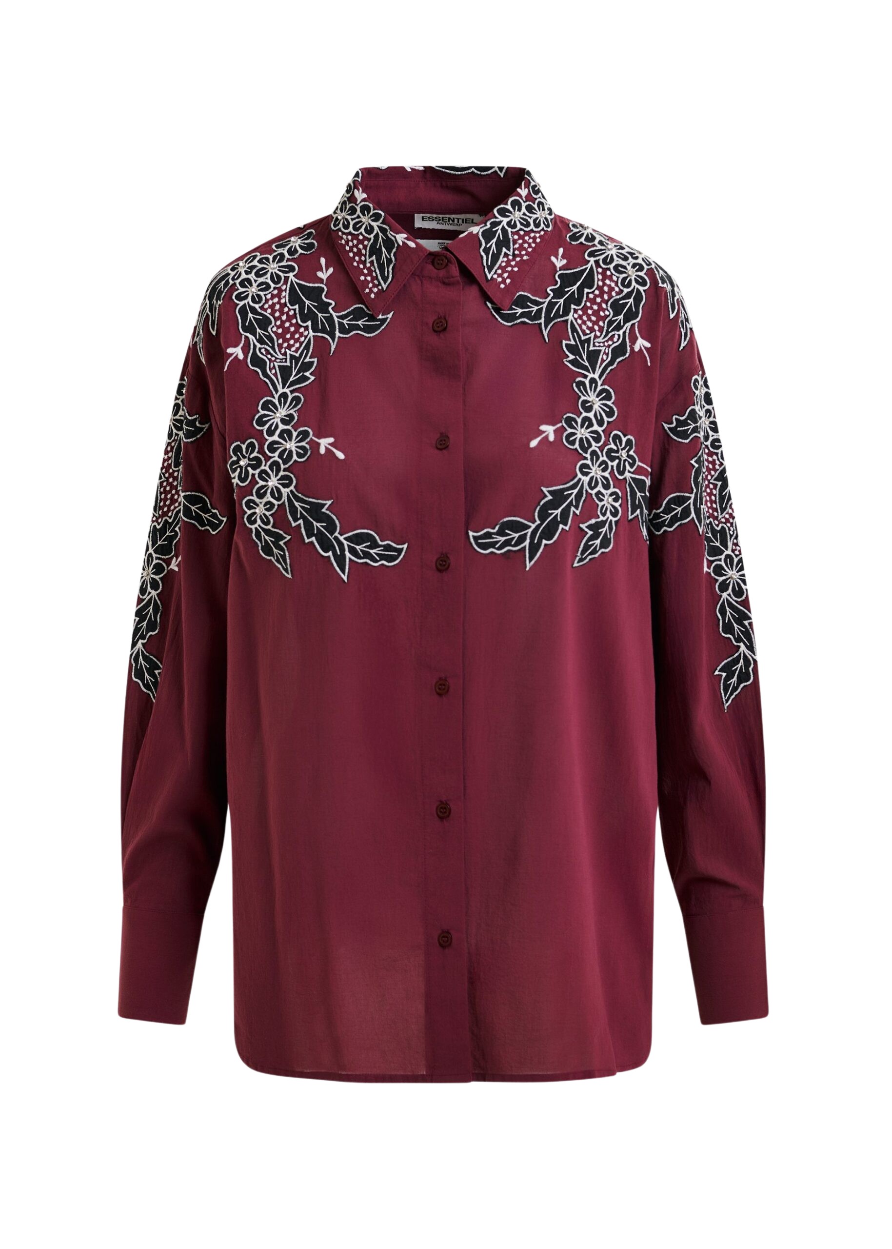 Essentiel Antwerp Burgundy, white and black embroidered cotton shirt with rhinestone embellishements
