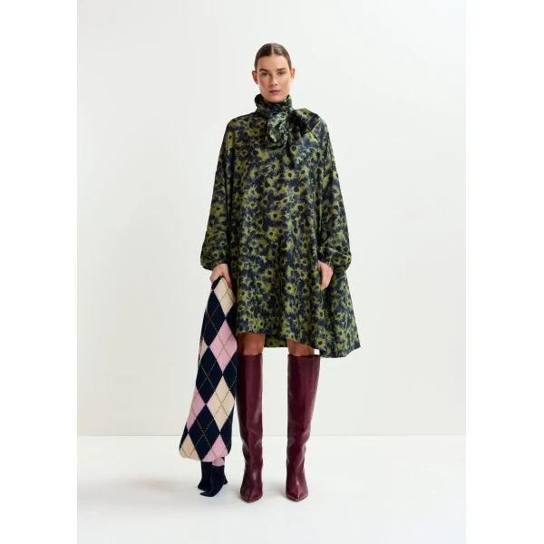 Essentiel Antwerp Dark blue and khaki jacquard mini dress with pussy bow tie - Essentiel Antwerp Dresses - Colorful Belgian Design - Shop at Luxury Shoes 
