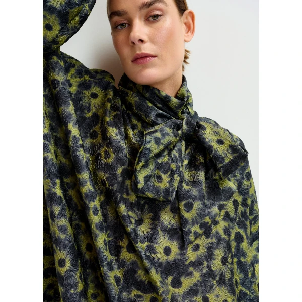 Essentiel Antwerp Dark blue and khaki jacquard mini dress with pussy bow tie - Essentiel Antwerp Dresses - Colorful Belgian Design - Shop at Luxury Shoes 
