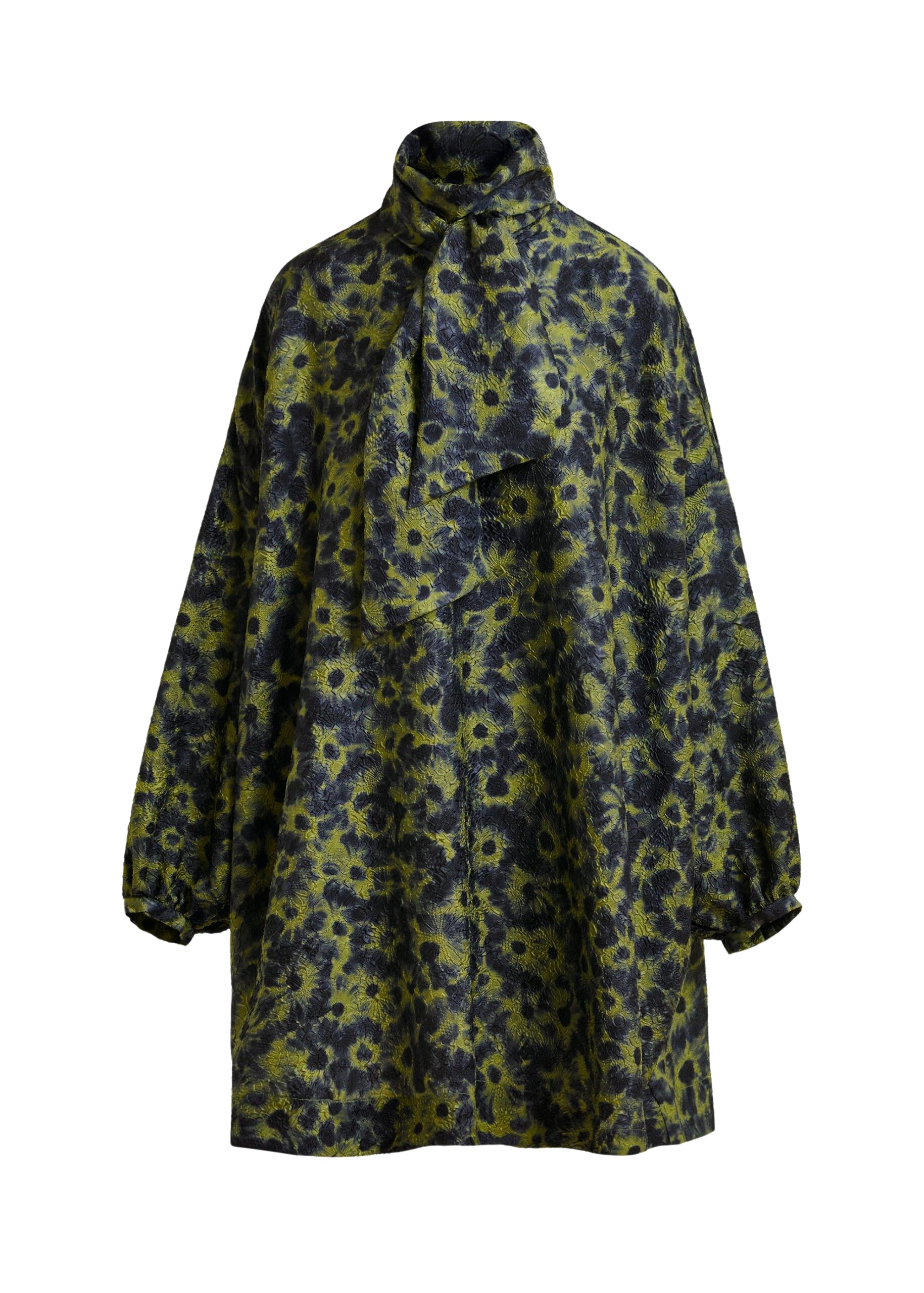 Essentiel Antwerp Dark blue and khaki jacquard mini dress with pussy bow tie