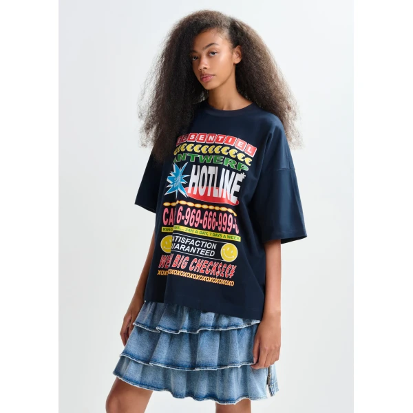 Essentiel Antwerp Dark blue and multicolor oversized graphic cotton T-shirt - Essentiel Antwerp Shirts - Colorful Belgian Design - Shop at Luxury Shoes 