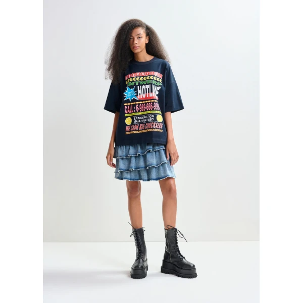 Essentiel Antwerp Dark blue and multicolor oversized graphic cotton T-shirt - Essentiel Antwerp Shirts - Colorful Belgian Design - Shop at Luxury Shoes 