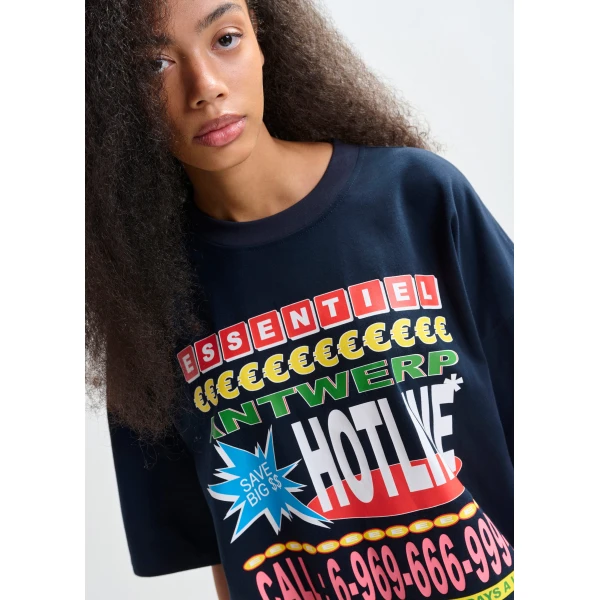 Essentiel Antwerp Dark blue and multicolor oversized graphic cotton T-shirt - Essentiel Antwerp Shirts - Colorful Belgian Design - Shop at Luxury Shoes 