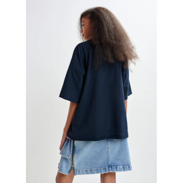 Essentiel Antwerp Dark blue and multicolor oversized graphic cotton T-shirt - Essentiel Antwerp Shirts - Colorful Belgian Design - Shop at Luxury Shoes 