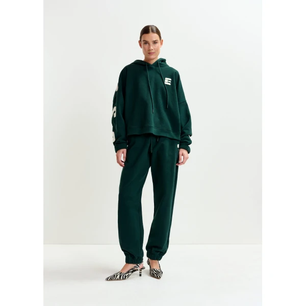 Essentiel Antwerp Dark green cotton sweatpants with E-shaped embroidery - Essentiel Antwerp Pants - Colorful Belgian Design - Shop at Luxury Shoes 