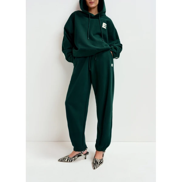 Essentiel Antwerp Dark green cotton sweatpants with E-shaped embroidery - Essentiel Antwerp Pants - Colorful Belgian Design - Shop at Luxury Shoes 