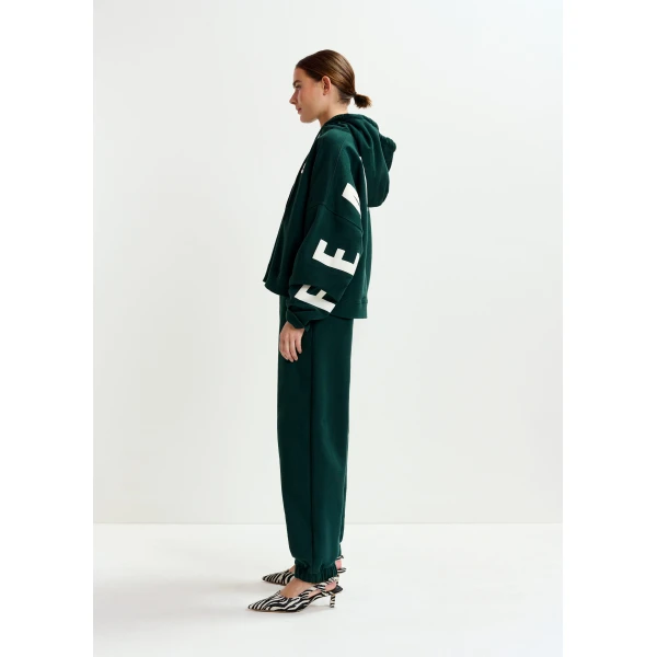 Essentiel Antwerp Dark green cotton sweatpants with E-shaped embroidery - Essentiel Antwerp Pants - Colorful Belgian Design - Shop at Luxury Shoes 