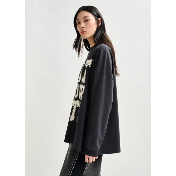 Essentiel Antwerp Dark grey and off-white printed organic cotton long-sleeve T-shirt - Essentiel Antwerp Shirts - Colorful Belgian Design - Shop at Luxury Shoes 