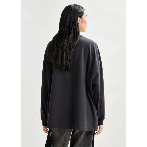 Essentiel Antwerp Dark grey and off-white printed organic cotton long-sleeve T-shirt - Essentiel Antwerp Shirts - Colorful Belgian Design - Shop at Luxury Shoes 