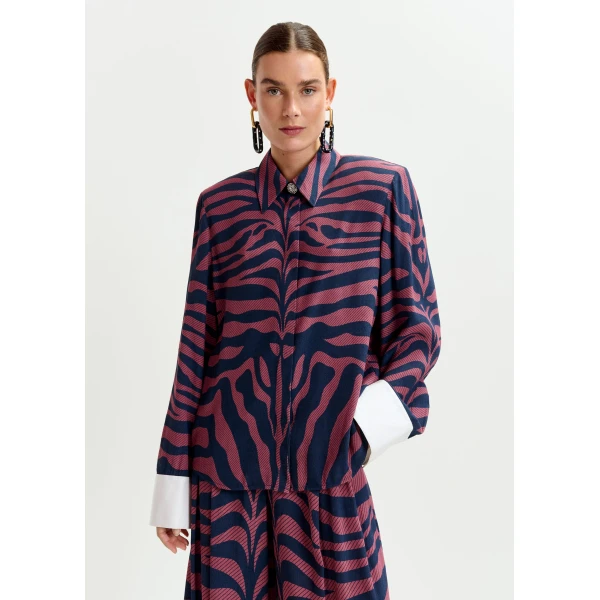 Essentiel Antwerp Dark pink and navy zebra-jacquard shirt with rhinestone-encrushed button - Essentiel Antwerp Shirts - Colorful Belgian Design - Shop at Luxury Shoes 