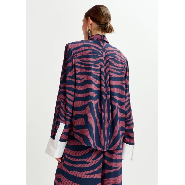 Essentiel Antwerp Dark pink and navy zebra-jacquard shirt with rhinestone-encrushed button - Essentiel Antwerp Shirts - Colorful Belgian Design - Shop at Luxury Shoes 