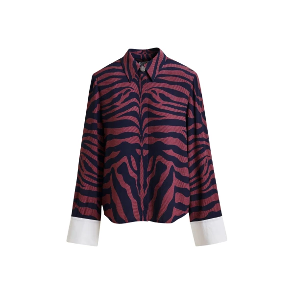 Essentiel Antwerp Dark pink and navy zebra-jacquard shirt with rhinestone-encrushed button - Essentiel Antwerp Shirts - Colorful Belgian Design - Shop at Luxury Shoes 