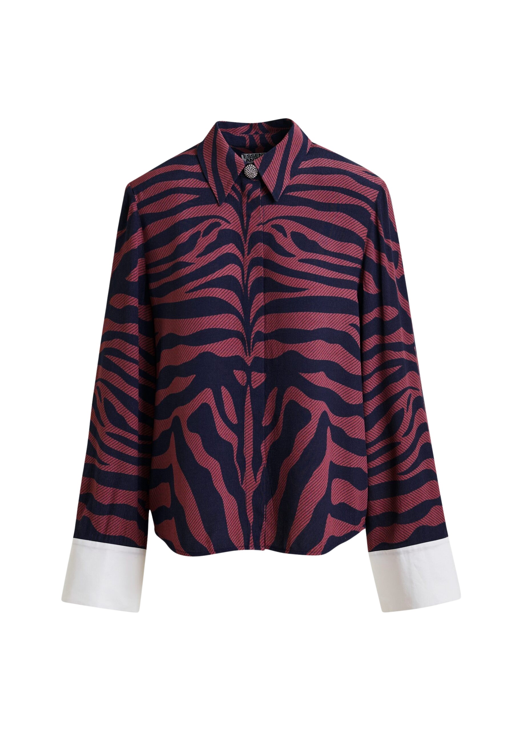 Essentiel Antwerp Dark pink and navy zebra-jacquard shirt with rhinestone-encrushed button