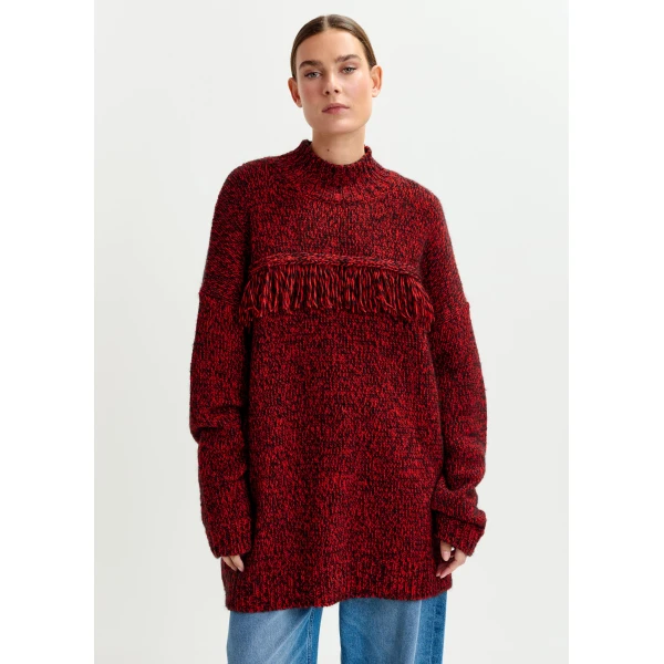 Essentiel Antwerp Dark red and black wool-blend sweater with fringe details - Essentiel Antwerp Knitwear - Colorful Belgian Design - Shop at Luxury Shoes 