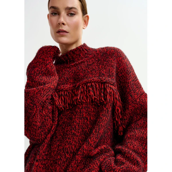 Essentiel Antwerp Dark red and black wool-blend sweater with fringe details - Essentiel Antwerp Knitwear - Colorful Belgian Design - Shop at Luxury Shoes 