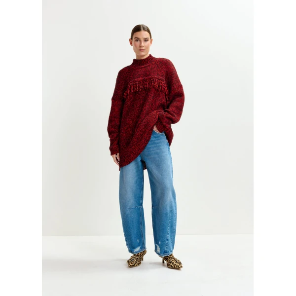 Essentiel Antwerp Dark red and black wool-blend sweater with fringe details - Essentiel Antwerp Knitwear - Colorful Belgian Design - Shop at Luxury Shoes 