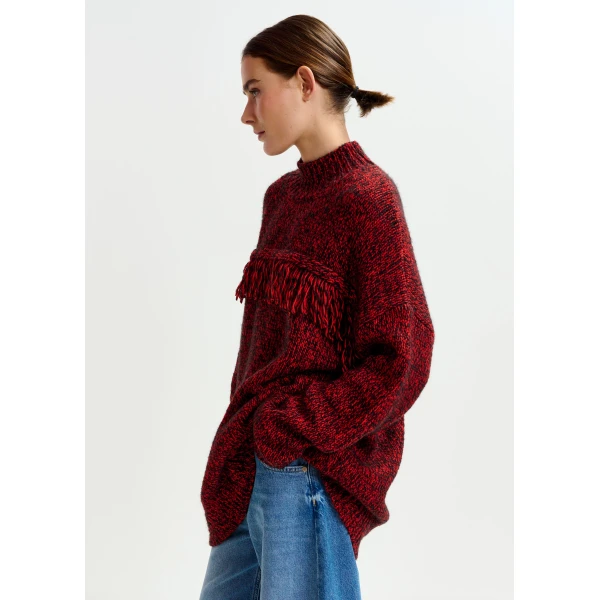 Essentiel Antwerp Dark red and black wool-blend sweater with fringe details - Essentiel Antwerp Knitwear - Colorful Belgian Design - Shop at Luxury Shoes 