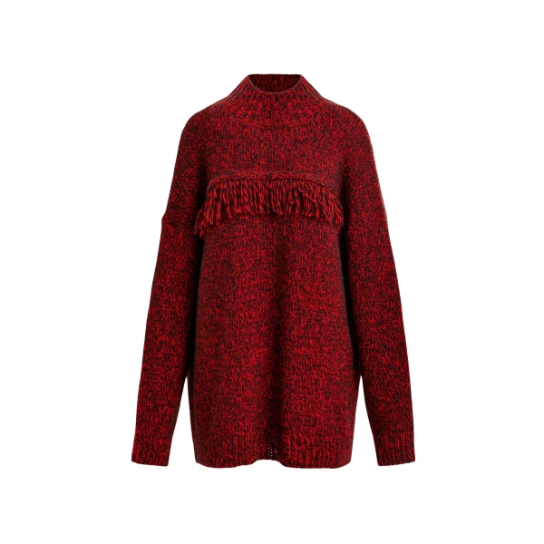 Essentiel Antwerp Dark red and black wool-blend sweater with fringe details - Essentiel Antwerp Knitwear - Colorful Belgian Design - Shop at Luxury Shoes 