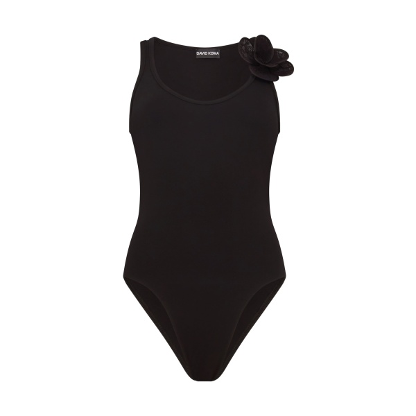 David Koma 3D Lace Flower Jersey Bodysuit In Black