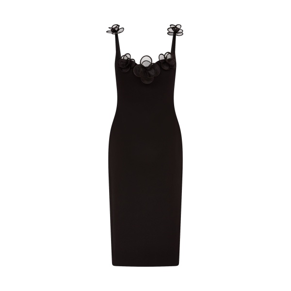 David Koma 3D Lace Flower Satin Midi Dress In Black