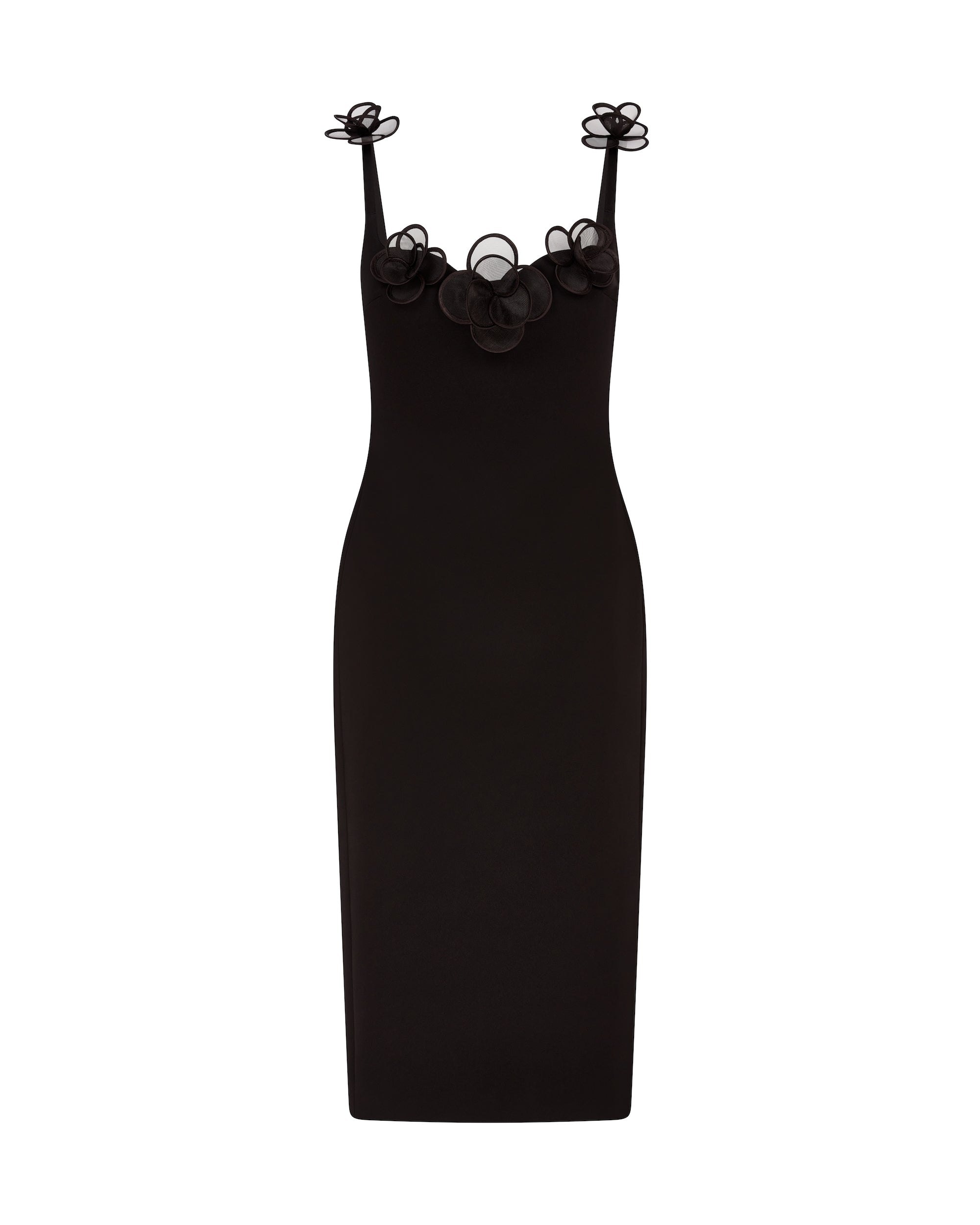 David Koma 3D Lace Flower Satin Midi Dress In Black