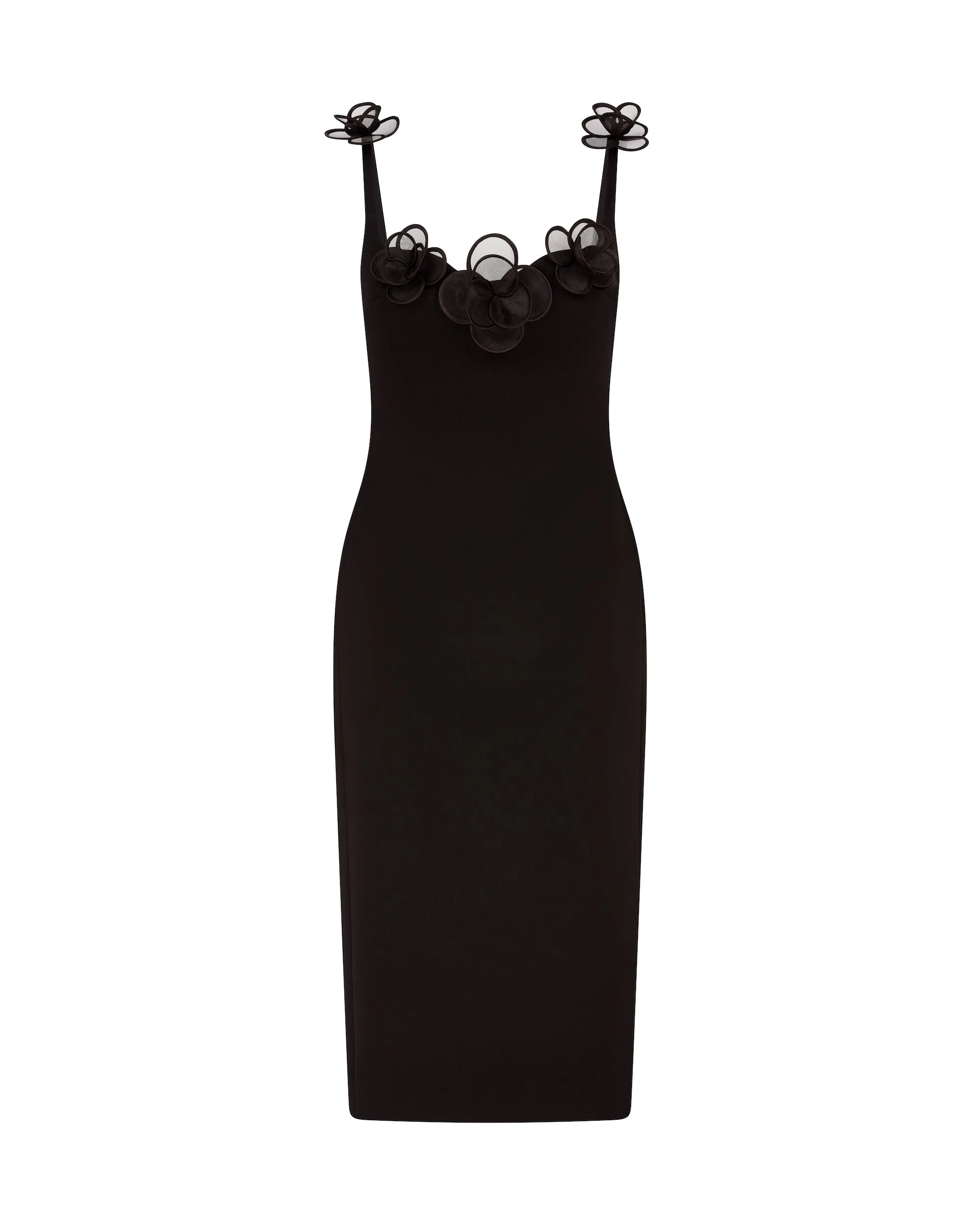 David Koma 3D Lace Flower Satin Midi Dress In Black David Koma 3D Lace Flower Satin Midi Dress In Black