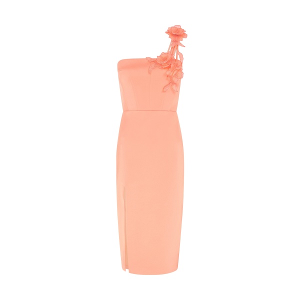 David Koma Asymmetric Lace Rose Satin Midi Dress
