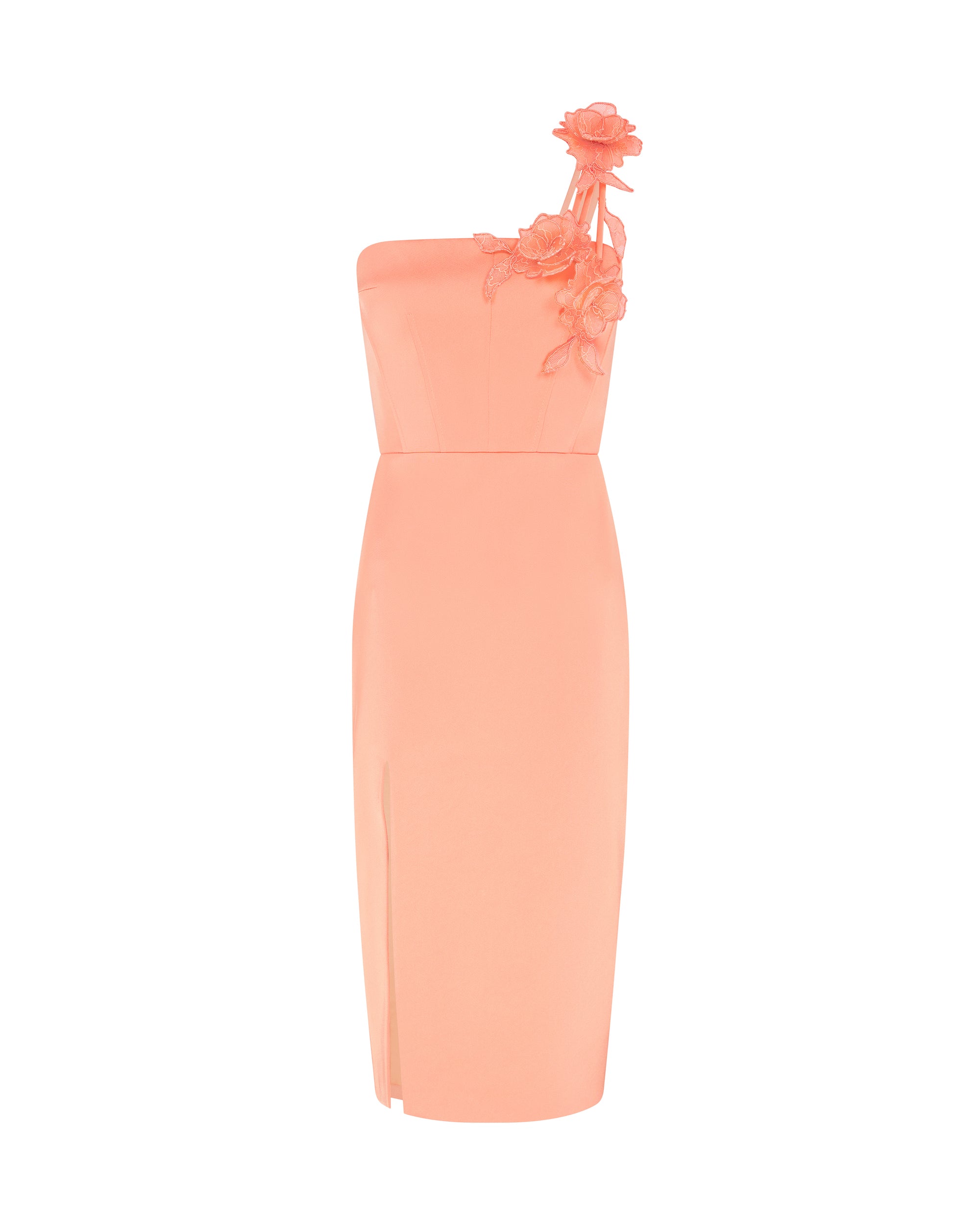 David Koma Asymmetric Lace Rose Satin Midi Dress