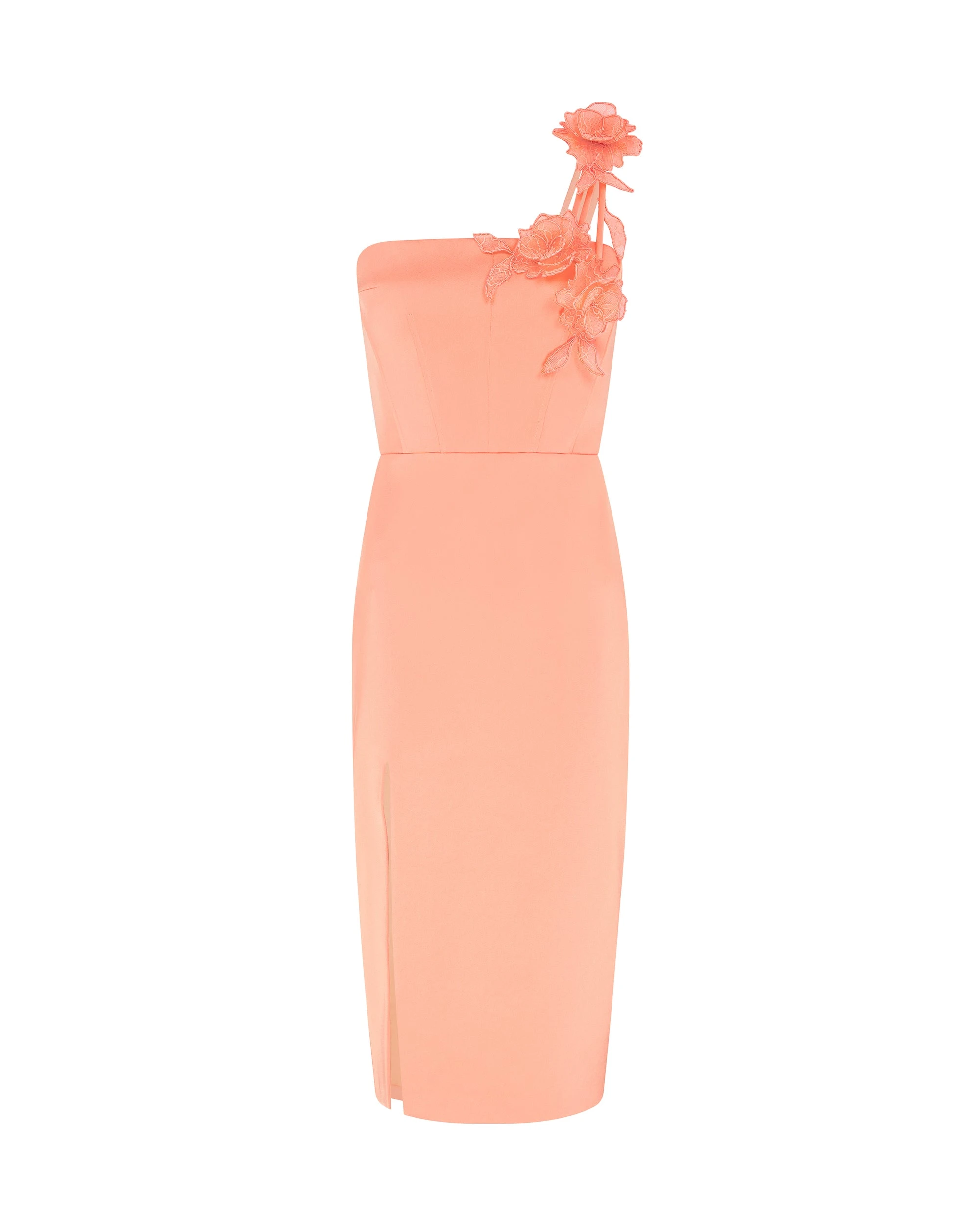 David Koma Asymmetric Lace Rose Satin Midi Dress David Koma Asymmetric Lace Rose Satin Midi Dress