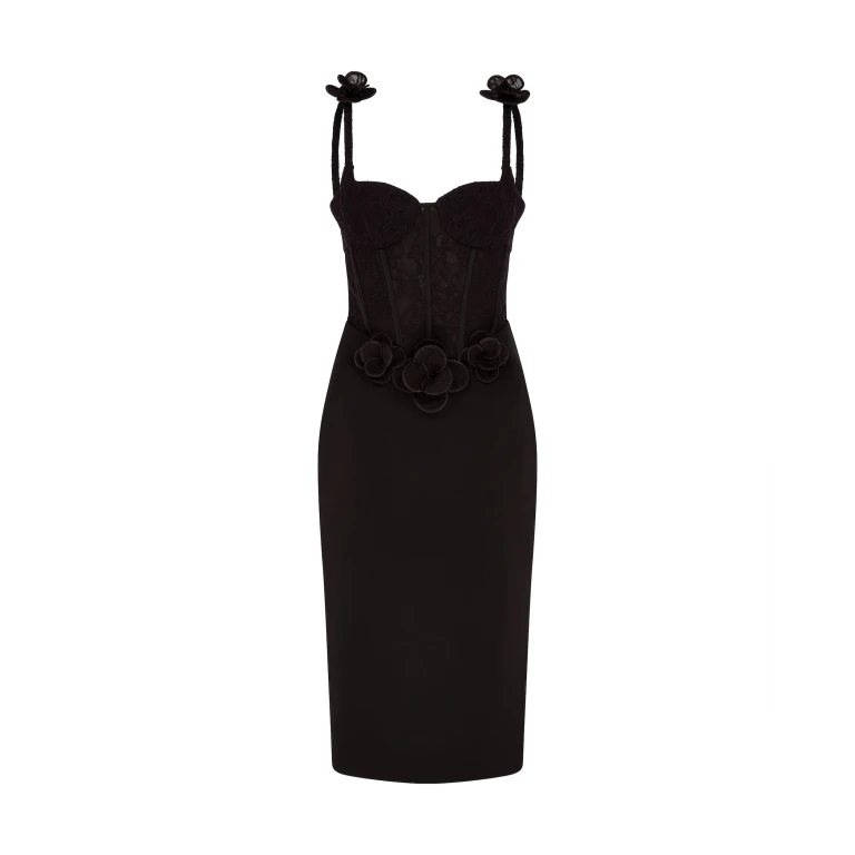 David Koma Lace Flower Corset Satin Midi Dress