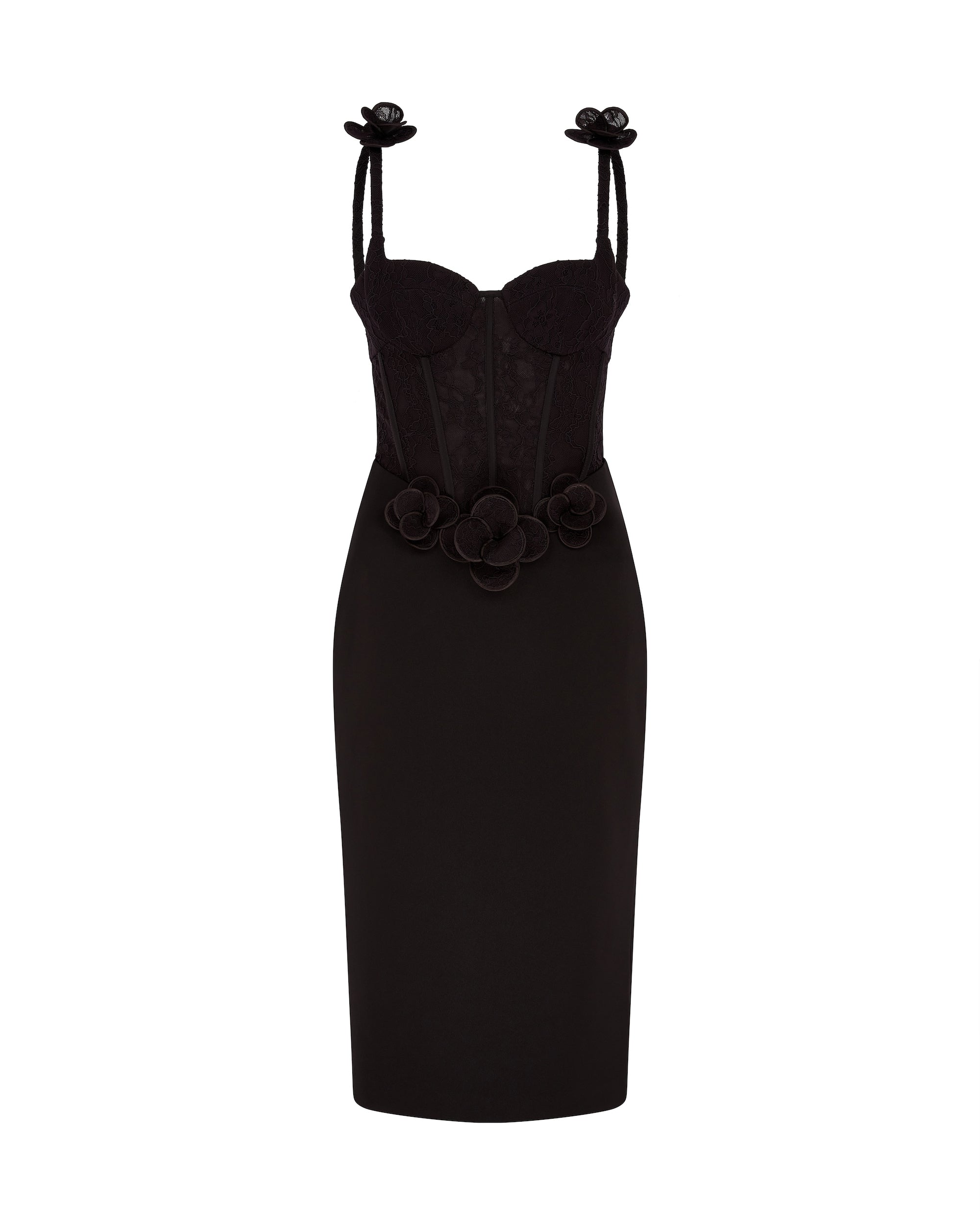 David Koma Lace Flower Corset Satin Midi Dress