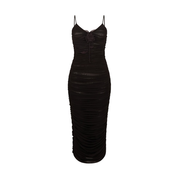 David Koma Lace Rose Embroidered Ruched Midi Dress